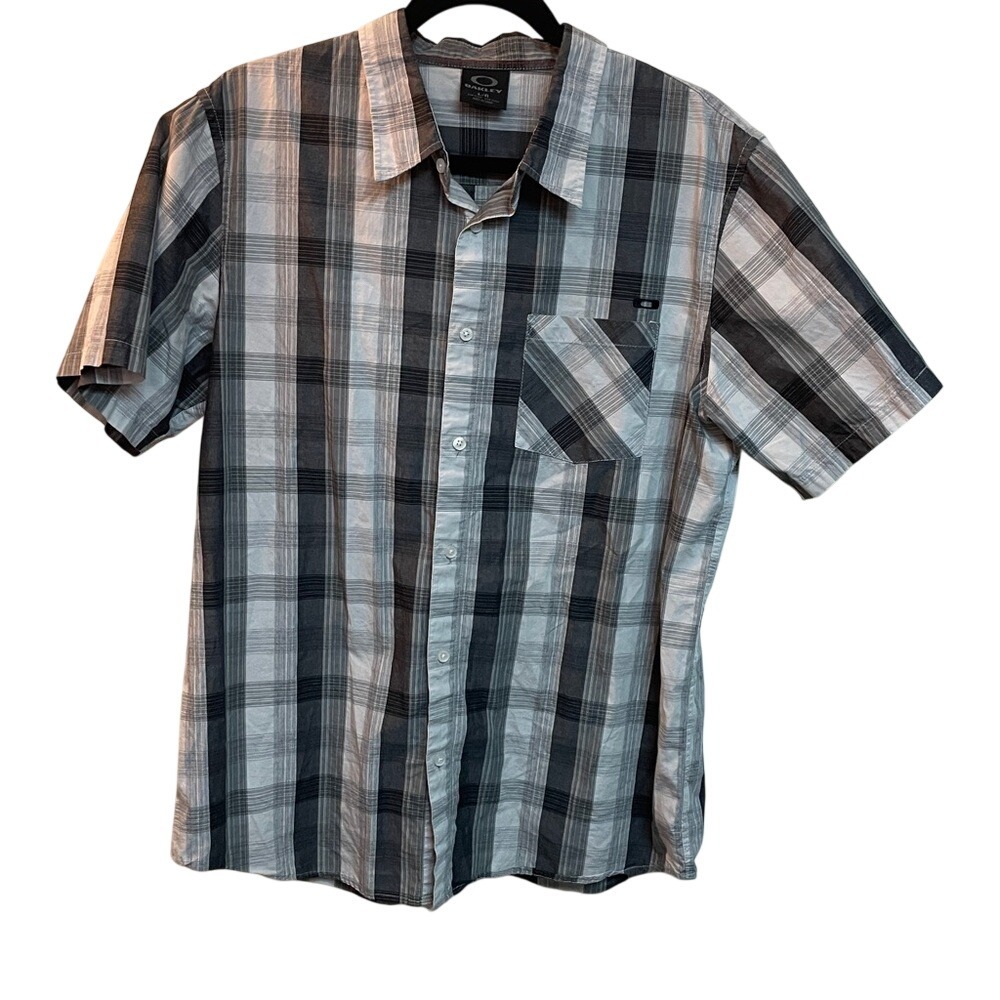 Oakley Mens Plaid Short Sleeve‎ Button Down Shirt Grey Black White Large
